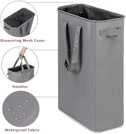 efluky Slim Laundry Basket, Narrow Laundry Hamper with Handles, Collapsible Dirty Clothes Hamper, Tall Laundry Bin for Laundry Room, Dorm and Bedroom, 12.7 Gallons(48L) Grey