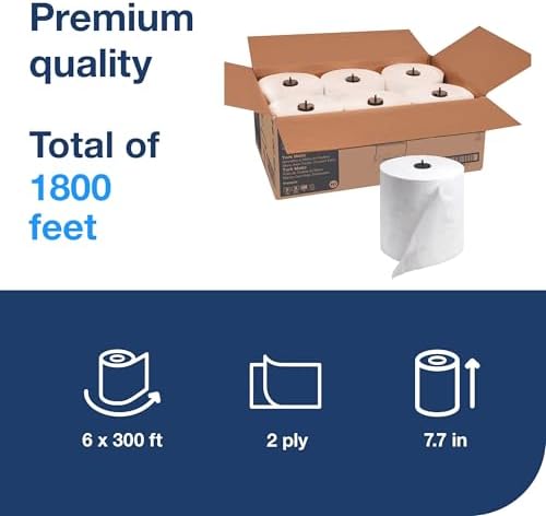 Tork Matic Extra Soft Paper Hand Towel Roll White with Blue Leaf H1, Premium, High Absorbency, 6 Rolls x 300 ft, 290094