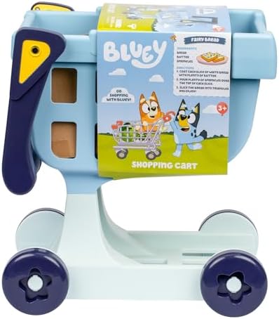 The Bluey Shopping Trolley | with Free-Rolling Wheels and Rotating Handle. The Ideal Size for Toddlers | Stands at 19.3 Inch Tall | 8 Colorful Cardboard Shopping Goods are Included with This Trolley