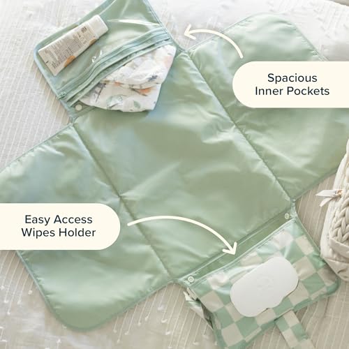 Tiny Twinkle Portable Diaper Changing Pad-Foldable Waterproof Changing Mat&Portable Changing Pad for Travel,Baby Changing Station with Smart Wipes Pocket&Storage (Sage Checkers)
