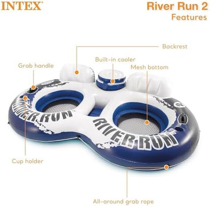Intex 58837EP River Run 2 Inflatable Floating Lounge: Comfortable Backrests – Built-in Cup Holders – Cooler with Lid – 2 Person – 440lb Weight Capacity