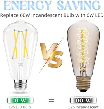 Edison Bulbs 60 watt Equivalent LED, E26 LED Bulb Non-Dimmable, 4000K Daylight White, ST58 Vintage Light Bulbs, 90+ CRI, 6W 600LM, E26 Medium Base, Clear Glass, 12 Pack