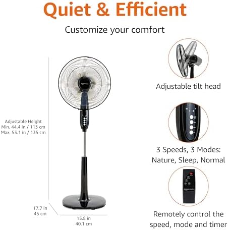 Amazon Basics 16" Pedestal Fan with Remote, Floor Fan, Standing Fan for Bedroom, Living Room, Office, with 3 Speeds, 3 Modes, Timer, Dual-Layered Blades, Adjustable Height, Tilt Head, 60W, Black