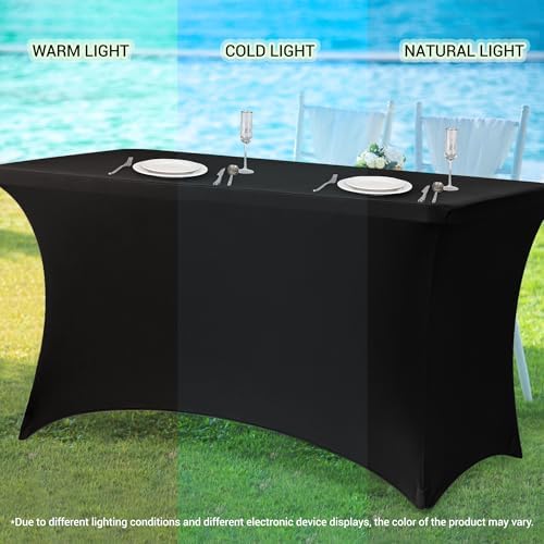 Obstal 6ft Stretch Black Spandex Table Cloth for Standard Folding Tables - 2 Pack Universal Rectangular Fitted Tablecloth Protector for Wedding, Trade Show, Vendor Stand