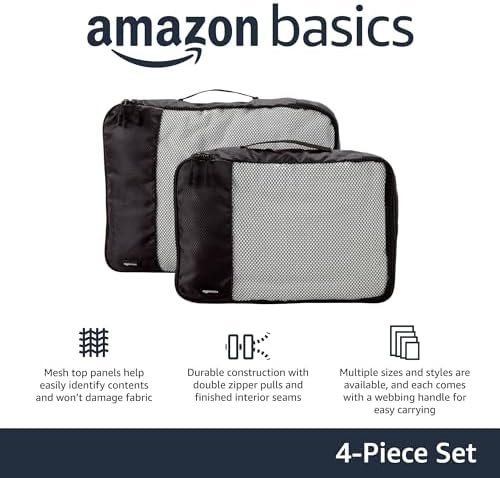Amazon Basics 4 Piece Packing Travel Organizer Zipper Cubes Set, Medium (2) and Large (2), Black