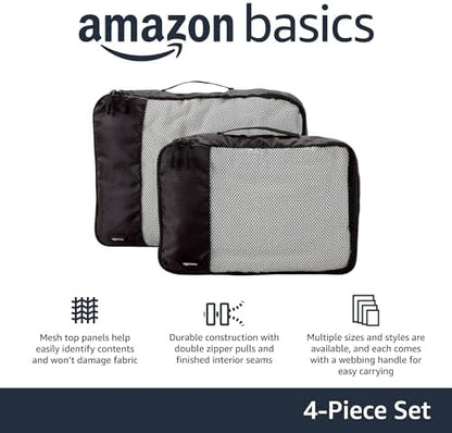 Amazon Basics 4 Piece Packing Travel Organizer Zipper Cubes Set, Medium (2) and Large (2), Black