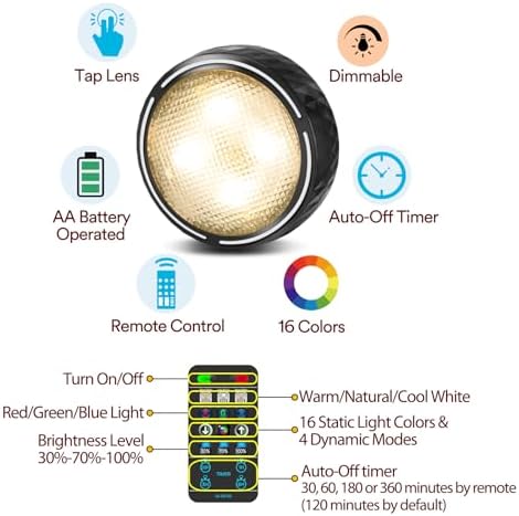 LED Puck Lights with Remote Control, Battery Operated Wireless Closet Light, Under Cabinet Lighting Stick on Tap Push Lights, Color Changing Under Counter Light for Kitchen, 6 Pack - Black