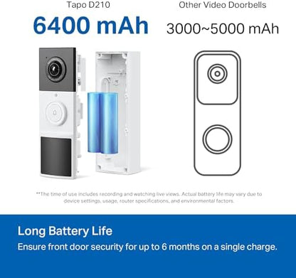 Tapo by TP-Link Smart Video Doorbell Camera Wireless with Chime, 2K with Full Color Night Vision & Spotlights, No Monthly Fee, Ring Call, 160° Ultra-Wide View, Free AI Detection, Local Storage,D210