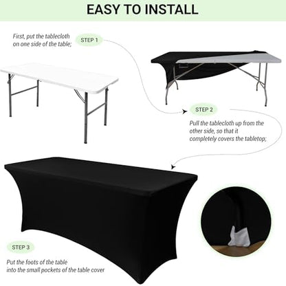 Obstal 6ft Stretch Black Spandex Table Cloth for Standard Folding Tables - 2 Pack Universal Rectangular Fitted Tablecloth Protector for Wedding, Trade Show, Vendor Stand