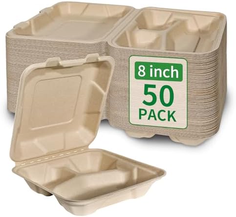 Aricsen Compostable 50 Pack 8x8 Inch 3 Compartment Takeout Lunch Box Containers with Lid, To Go Take Out Clamshell for Food, Disposable Eco-Friendly Biodegradable Bagasse, PFAS-Free, Unbleached Brown