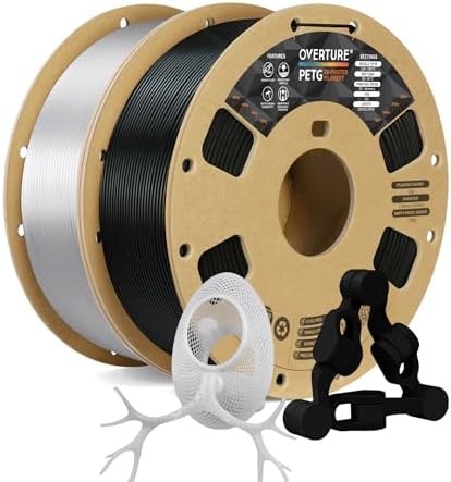 OVERTURE 2KG Bundle PETG 3D Printer Filament 1.75mm, Neatly Wound Durable PETG 2 Pack 1kg(2.2lbs), Strong Toughness Filament, Dimensional Accuracy +/- 0.02mm, Fit Most FDM Printers (Black+Transparent)