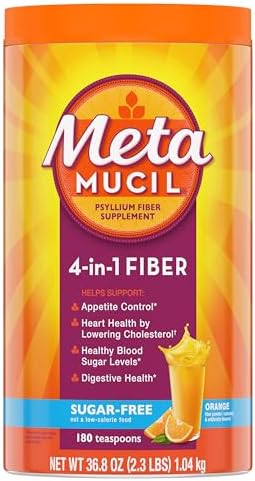Metamucil 4-in-1 Daily Fiber Supplement, Psyllium Husk Powder for Digestive Health, Sugar-Free Fiber Supplement, Orange, Naturally Sourced Psyllium Husk Powder, 180 teaspoons