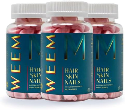 WEEM Hair Skin and Nails Gummies - Supports Healthy Hair - Vegan biotin Vitamins for Women & Men Supports Faster Hair Growth, Stronger Nails, Healthy Skin, Extra Strength (3)