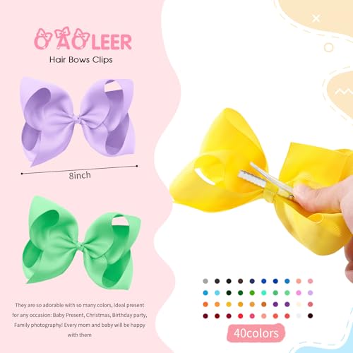 Oaoleer 40Pcs 8" Hair Bows Clips Grosgrain Ribbon Bows Hair Alligator Clips Hair Barrettes Hair Accessories for Baby Girls Infants Toddlers Kids Teens Children (8 Inch)