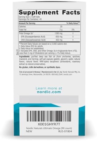Nordic Naturals Ultimate Omega, Lemon Flavor - 90 Soft Gels - 1280 mg Omega-3 - High-Potency Omega-3 Fish Oil Supplement with EPA & DHA - Promotes Brain & Heart Health - Non-GMO - 45 Servings