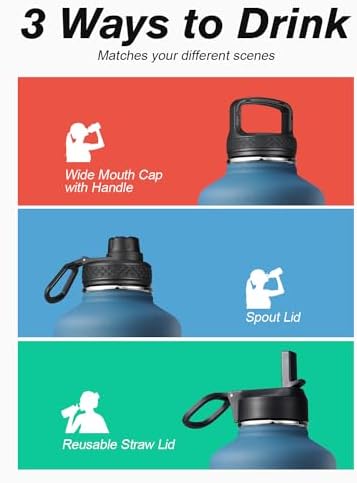 Half Gallon Water Bottle Insulated with Straw & 3 Lids, Coolflask 64 oz Water Jug Large Metal Stainless Steel Wide Mouth for Sports, Gym or Office, Non-BPA Keep Cold 48H Hot 24H, Samurai Cyan