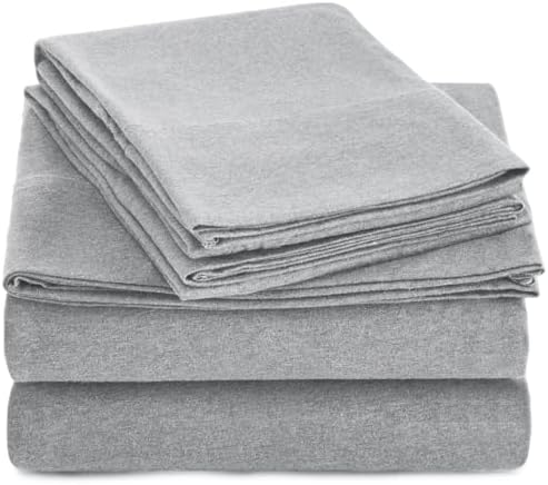 Amazon Basics 4 Piece Bed Sheet Set, 100% Cotton Jersey, Includes Super Soft, Flat and Fitted Sheets, Pillowcase, Queen, Light Gray, Solid