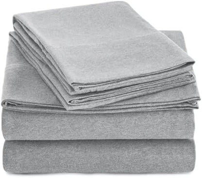 Amazon Basics 4 Piece Bed Sheet Set, 100% Cotton Jersey, Includes Super Soft, Flat and Fitted Sheets, Pillowcase, Queen, Light Gray, Solid