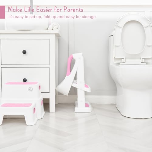 Forbena Potty Training Toilet Seat with Step Stool Ladder, Toddler Kids Potty Seat for Girls, Non Slip Foldable Toilet Training Seat with Soft Cushion, Comfortable Handles (White-Pink)