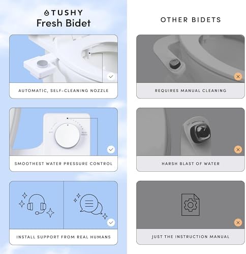 TUSHY Fresh Cool Water Bidet: Ultra Slim Toilet Seat Attachment (Non-Electric Self-Cleaning Hygienic Nozzle) Easy DIY Install <10 Min | Adjustable Water Pressure, Bamboo Knob