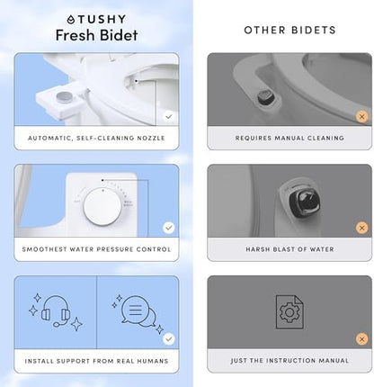 TUSHY Fresh Cool Water Bidet: Ultra Slim Toilet Seat Attachment (Non-Electric Self-Cleaning Hygienic Nozzle) Easy DIY Install <10 Min | Adjustable Water Pressure, Bamboo Knob