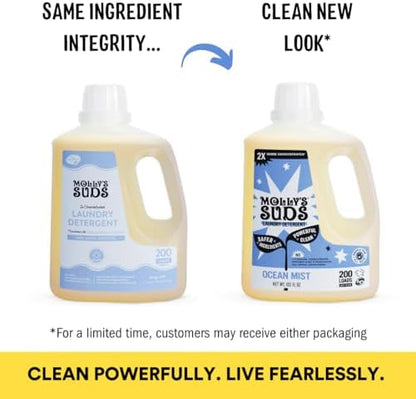 Molly's Suds Liquid Laundry Detergent | Clean Laundry Detergent Soap for Sensitive Skin | 2x Concentrated, High Efficiency (HE) | Ocean Mist - 100 Loads