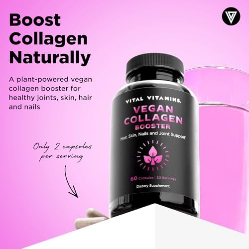 Vital Vitamins Vegan Collagen Booster - with Silica and Hyaluronic Acid - Plant-Based Collagen Supplements - Supports Hair, Skin, Nails & Joints - 60 Capsules
