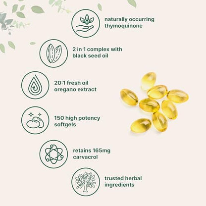 Micro Ingredients Oil of Oregano Softgels Per Serving, 150 Count | 2 in 1 Formulated with Black Seed Oil, 4X Strength Carvacrol & Thymoquinone | Plant Based, Non-GMO & Immune Support