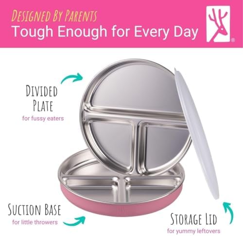 Elk and Friends Stainless Steel Divided Plates with Silicone Sleeve for Babies & Toddlers | Lids Included | Stay Put Suction | Dinner & Snack Plates | 4 Pack