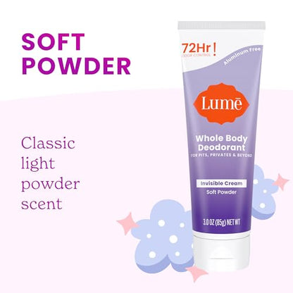 Lume Whole Body Deodorant - Invisible Cream Tube - 72 Hour Odor Control - Doctor Developed - Aluminum Free, Baking Soda Free and Skin Loving - 3.0 Ounce, Pack of 2 (Soft Powder & Toasted Coconut)