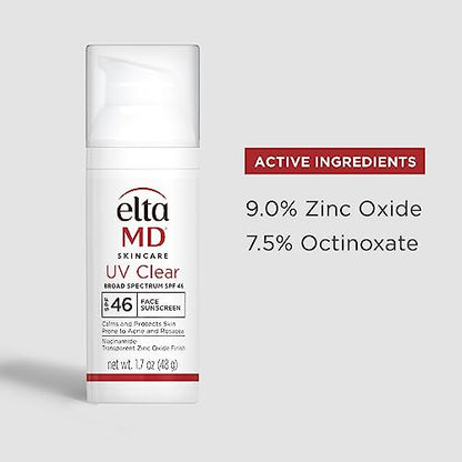 EltaMD UV Clear Face Sunscreen SPF 46, Oil-Free Sunscreen with Zinc Oxide, Dermatologist Recommended