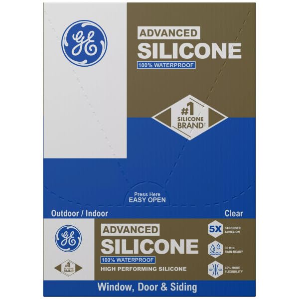 GE Advanced Silicone Caulk for Window & Door, Clear, 2.8 fl oz Tube, 12 Pack - 100% Waterproof Silicone Sealant, 5X Stronger Adhesion, Freeze & Sun Proof