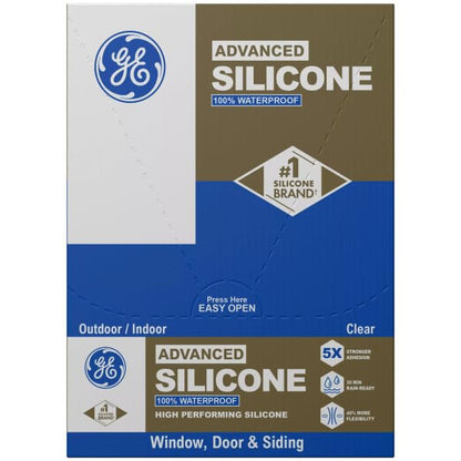 GE Advanced Silicone Caulk for Window & Door, Clear, 2.8 fl oz Tube, 12 Pack - 100% Waterproof Silicone Sealant, 5X Stronger Adhesion, Freeze & Sun Proof