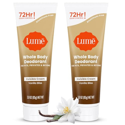 Lume Whole Body Deodorant - Invisible Cream Tube - 72 Hour Odor Control - Doctor Developed - Aluminum Free, Baking Soda Free and Skin Loving - 3.0 Ounce (Pack of 2) (Vanilla Bliss)