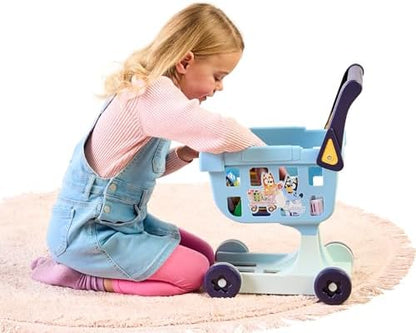 The Bluey Shopping Trolley | with Free-Rolling Wheels and Rotating Handle. The Ideal Size for Toddlers | Stands at 19.3 Inch Tall | 8 Colorful Cardboard Shopping Goods are Included with This Trolley