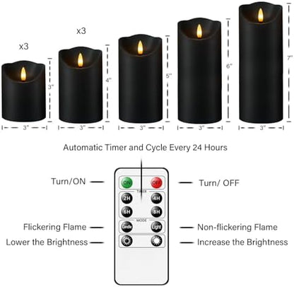 Flameless Candles with Remote, Battery Operated Flickering Flameless Candles, LED Candles with Timer 2/4/6/8H, with Realistic LED Candles Set of 9 (D3 x H 3" 4" 5" 6" 7") (Black)