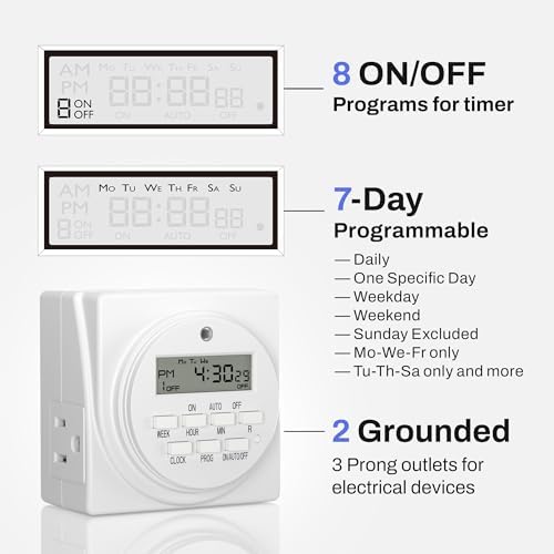 BN-LINK 7-Day Heavy Duty Digital Programmable Timer, 120V, 60Hz, Dual Outlet forLight, ETL Listed (2-Pack)