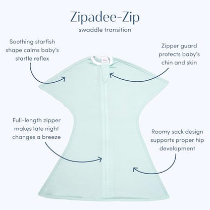 SleepingBaby Zipadee-Zip Transition Swaddle - Cozy Baby Swaddle Blanket with Zipper Convenience - Roomy Wearable Blanket for Easy Diaper Changes - Classic Mint, Small (4-8 Month)