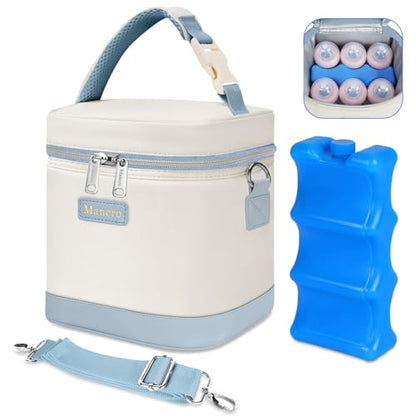 Mancro Baby Bottle Cooler Bag for Breast Milk, Includes Ice Pack, Fits 6 x 9oz Bottles, Insulated Daycare Bag for Nursing Moms, Leakproof Breastmilk Tote,Blue & Beige
