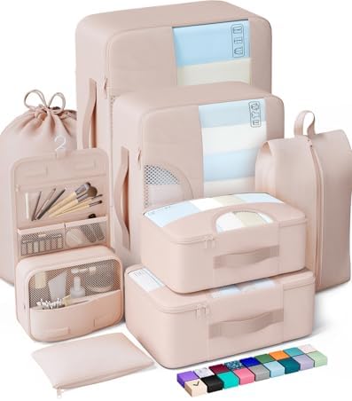 Veken 8 Set Packing Cubes for Travel, Beach Vacation Essentials Accessories for Cruise Ship, Suitcase Organizer Bags for Luggage with Hanging Toiletry & Shoe Bag, Birthday Gifts for Women Mom Her