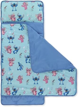 Jay Franco Toddler Nap Mat with Built-in Pillow and Blanket - Soft 46 x 20-inch Microfiber Kids Sleeping Bag for School or Sleepover, Blue - Lilo & Stitch