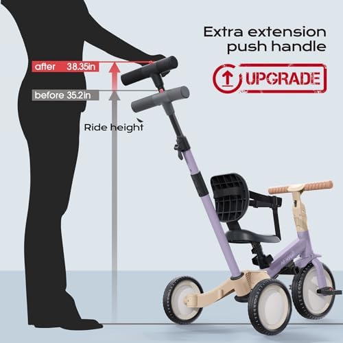 newyoo Toddler Tricycle with Push Handle for 1-3 Year Old, Toddler Bike, Birthday Toy for Boys and Girls, 5 in 1 Kids Trike, Balance Bike with Backrest and Safety Belt, Purple, TR007