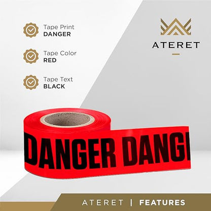 ATERET Premium Red Danger Tape 2-Pack 3 inch x 1000 feet, Hazard Safety Tape, Construction Tape for Danger/Hazardous Area, Ideal Use for Halloween Decorations, Holiday, Party, Yard, Garden, Work-Site