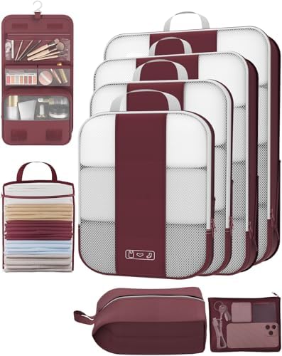 8 Set Compression Packing Cubes for Travel Essentials,Compressible Expandable Packing Cubes for Suitcase,OlarHike Luggage Organizer Bags for Travel,Handy Helper for Organizing Clothes(Wine Red)