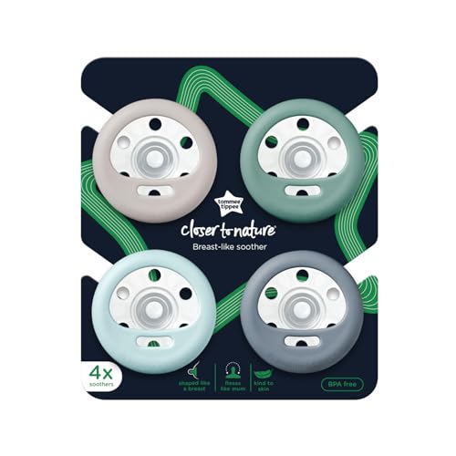 Tommee Tippee Breast-Like Pacifier, 6-18 Months, Symmetrical Design, Natural Breast-Like Baglet, BPA-Free Binkies, Pastel/Blue/Black, Pack of 4