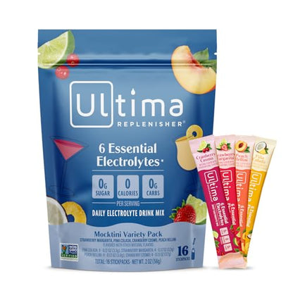 Ultima Replenisher Daily Electrolyte Powder Drink Mix – Sugar Free – Mocktini Variety, 16 Stickpacks – Hydration Packets with 6 Key Electrolytes and Trace Minerals – Keto Friendly, Non-GMO
