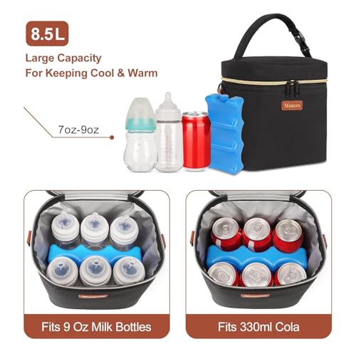 Mancro Baby Bottle Cooler Bag for Breast Milk, Includes Ice Pack, Fits 6 x 9oz Bottles, Insulated Daycare Bag for Nursing Moms, Leakproof Breastmilk Tote,Blue & Beige
