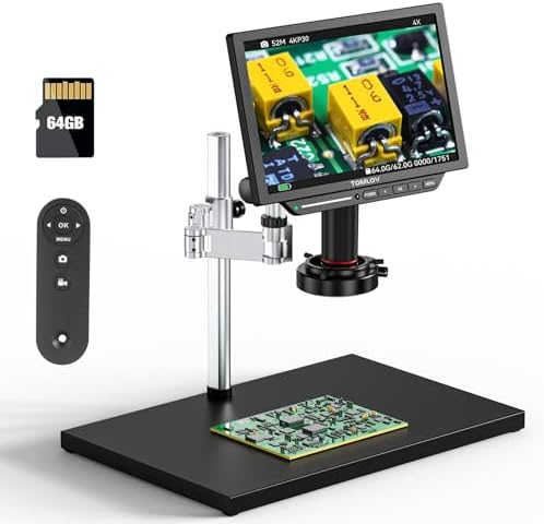 TOMLOV TM4K Max 4K Digital Microscope 2000x, 52MP Spin Arm Soldering Microscope for Adults, 10.1" HDMI Electronics Repair Microscopes with Ring Light, Larger Base LCD Coin Microscopes Full View, 64GB