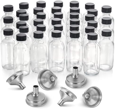 36 Pack, 2 oz Small Clear Glass Bottles w/Lid & 6 Stainless Steel Funnels - 60ml Boston Sample Bottles - Mini Travel Essential or Decorative Bottles for Potion, Juice, Wellness, Ginger Shots, Whiskey