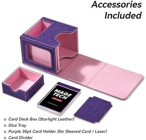 Card Deck Box for MTG Commander - Patented Design, Commander Display, Fits 100 Double-Sleeved Cards, 35pt Card Brick & Dice Tray - Purple/Pink